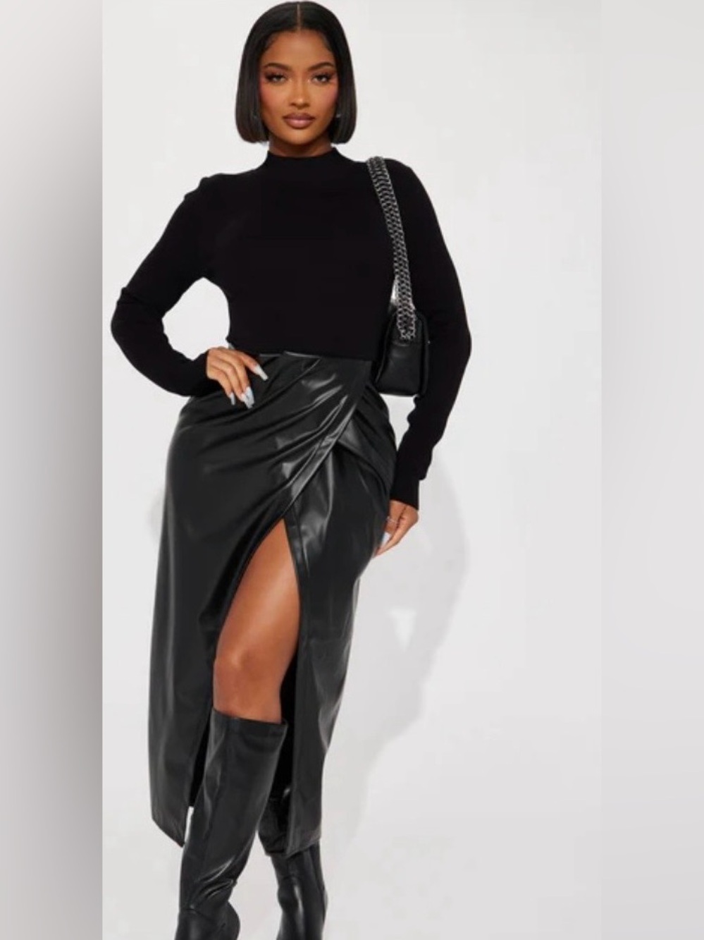 Fashion Nova Willow - Black Faux Leather Wrap Midi Dress with High Slit